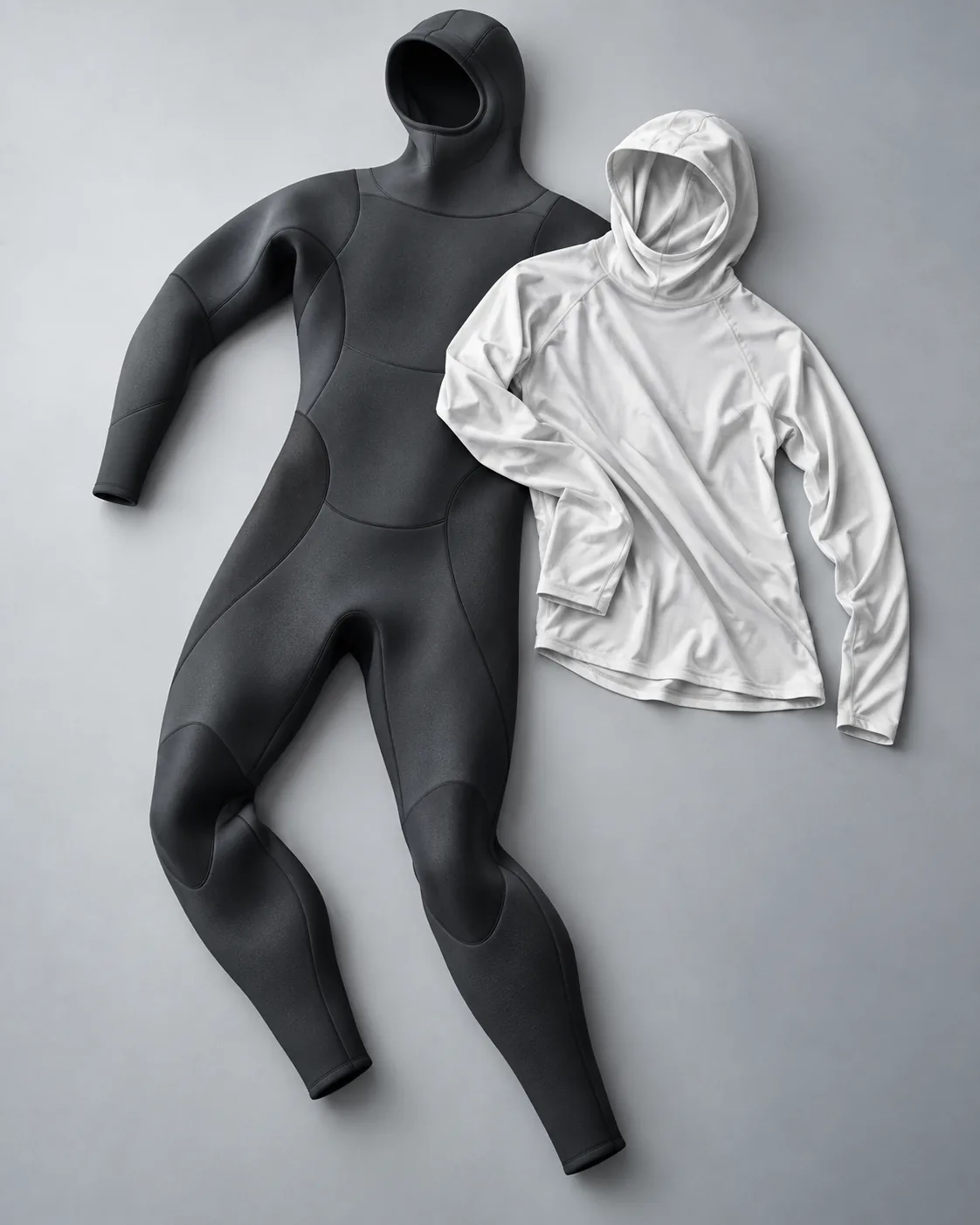 Concept rendering of a hooded wetsuit and rashguard.