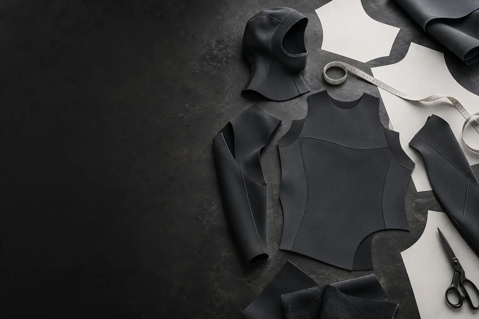 Concept image of wetsuit patterns and studio tools.