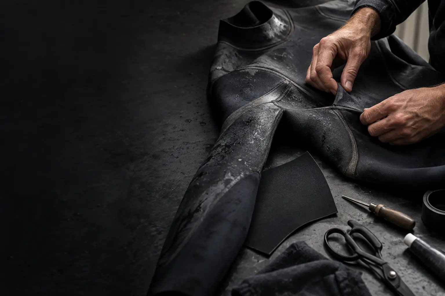 Concept image of a wetsuit seam and repair materials.